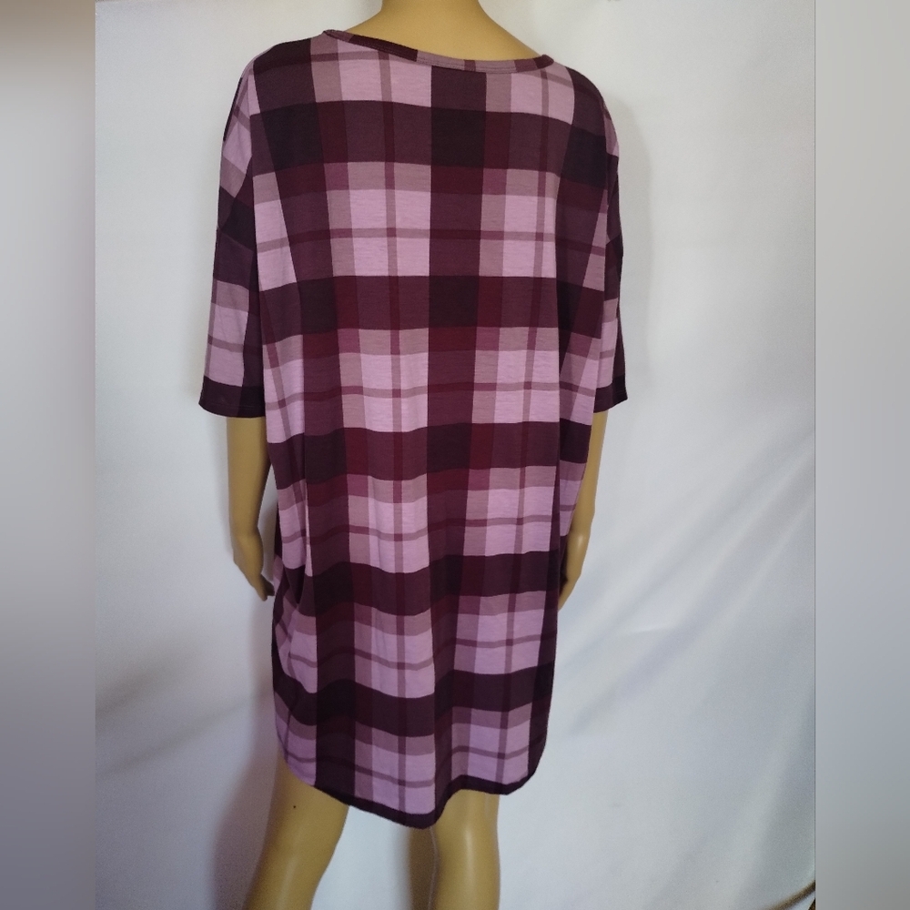 LuLaRoe Irma Tunic Top Size L Purple Plaid High Low Stretch Casual Comfy - Picture 3 of 6